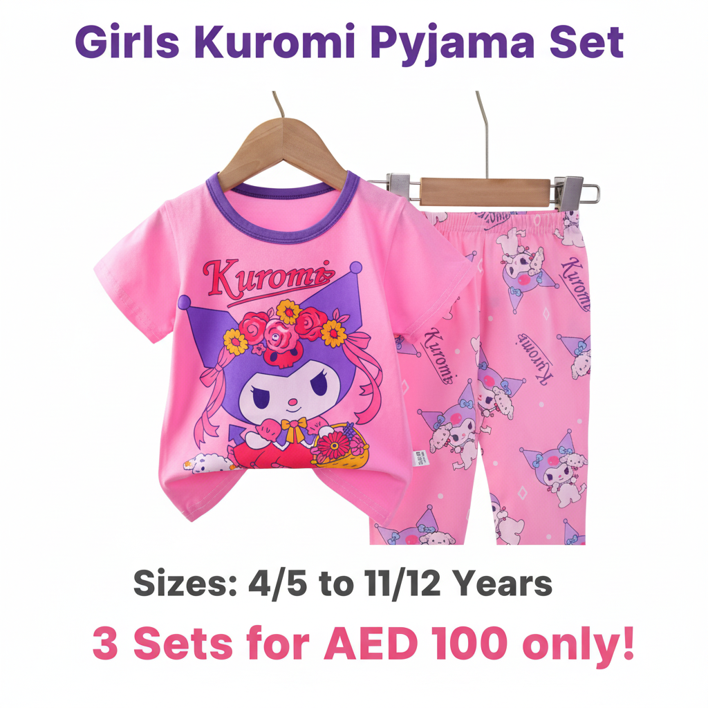 Girls Kuromi Flower Pyjama Set - Pink T-Shirt & Long Pants (Buy 3 for AED 100)