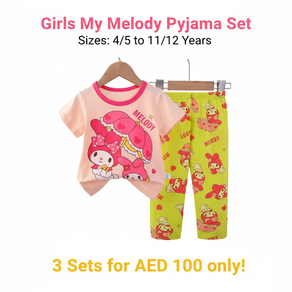 Girls My Melody Pyjama Set - Peach T-Shirt & Yellow Long Pants (Buy 3 for AED 100)