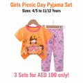 Girls Picnic Day Pyjama Set - Orange T-Shirt & Floral Pink Long Pants (Buy 3 for AED 100)