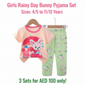 Girls Rainy Day Bunny Pyjama Set - Peach T-Shirt & Green Long Pants (Buy 3 for AED 100)