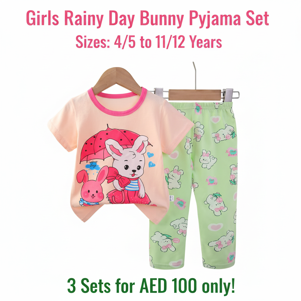 Girls Rainy Day Bunny Pyjama Set - Peach T-Shirt & Green Long Pants (Buy 3 for AED 100)