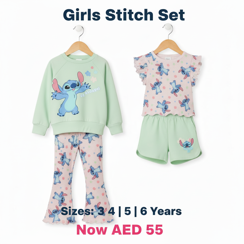 Girls Stitch Sweatshirt & Flare Pants Set - Green/Pink