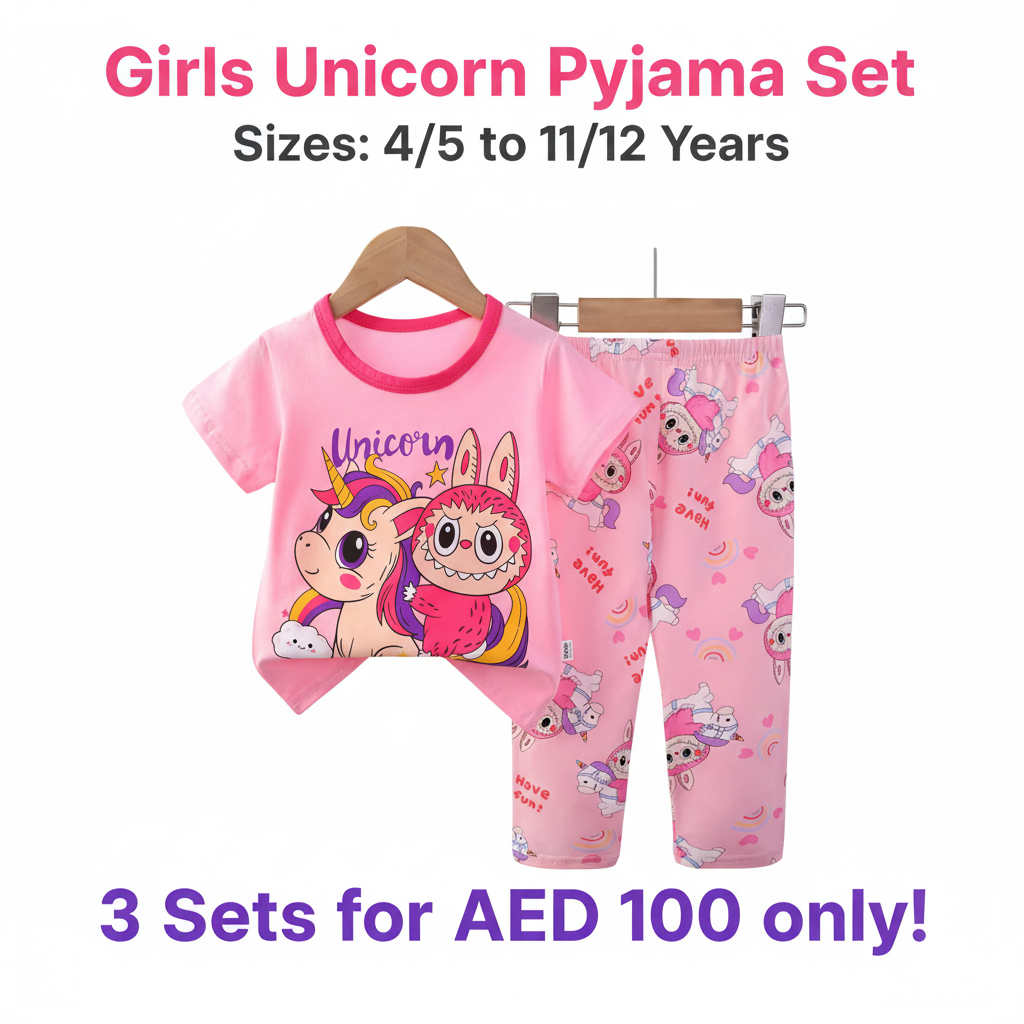 Girls Unicorn & Monster Bunny Pyjama Set - Pink T-Shirt & Long Pants (Buy 3 for AED 100)