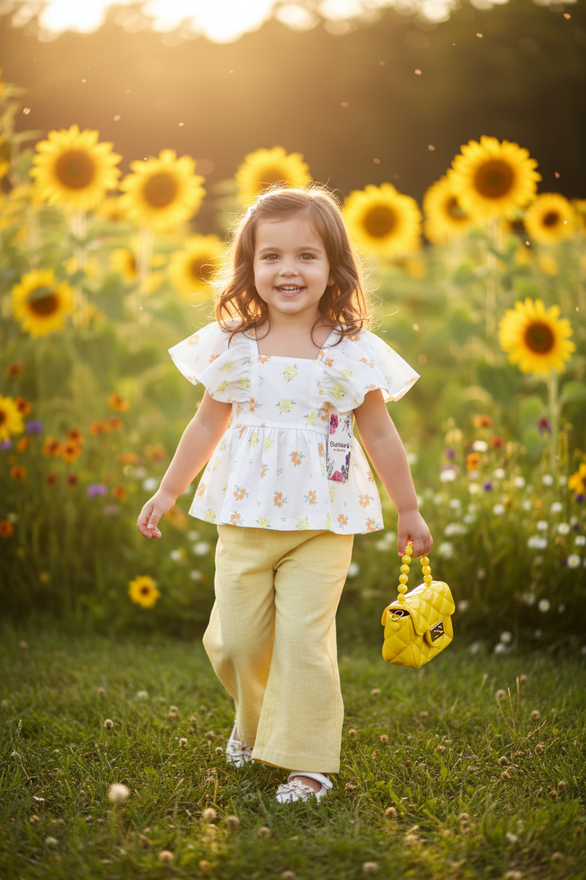 Girls Bearpaw Floral Top, Yellow Pants & Handbag Set