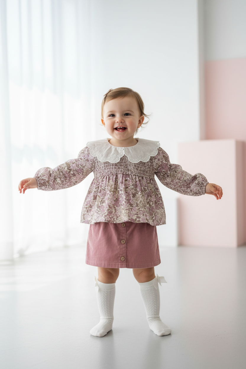 Girls Bearpaw Floral Blouse, Skirt & Socks Set – Pink - Modern Style