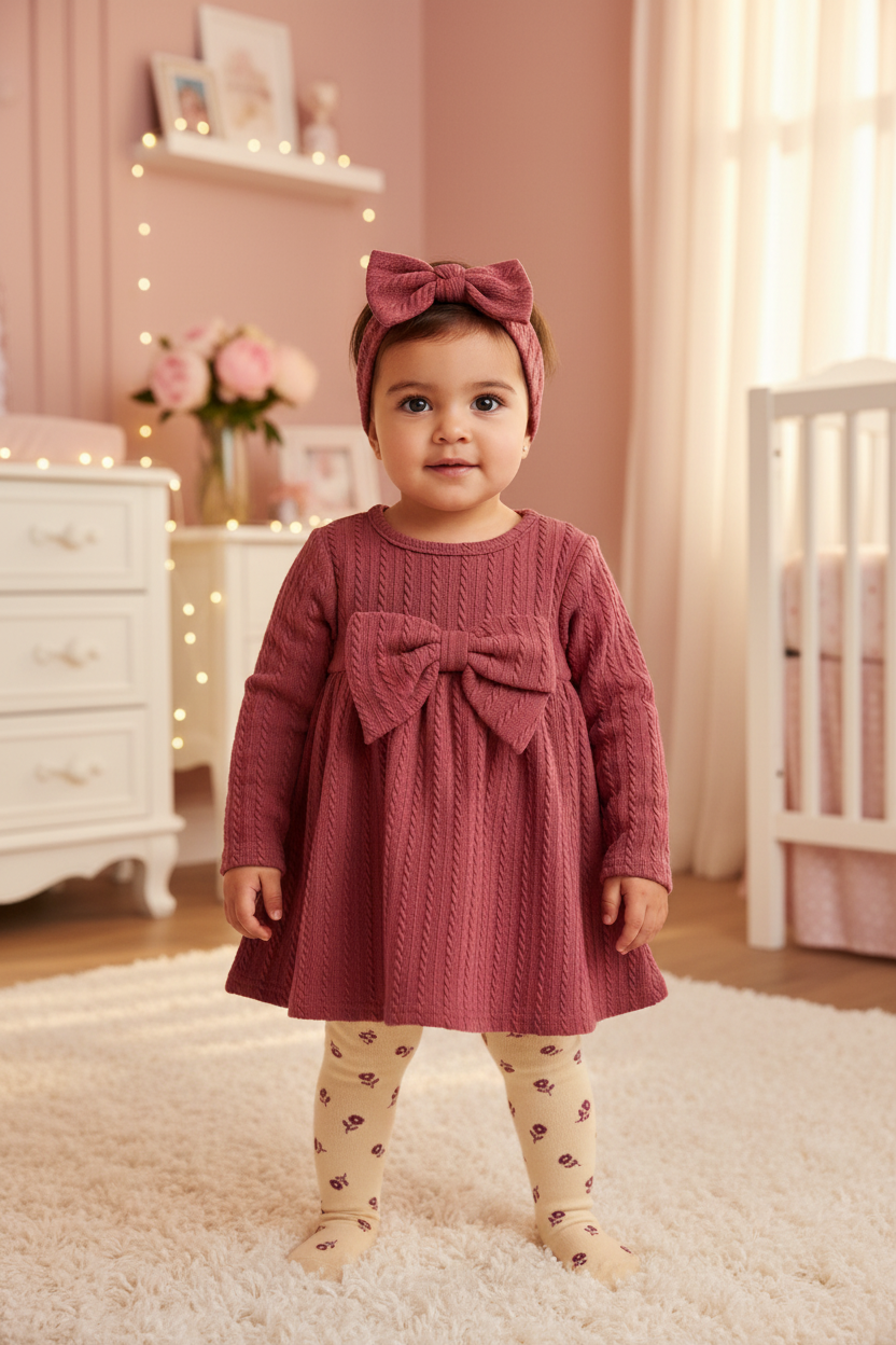 Baby Girls Jessica Simpson 3-Piece Set – Cable Knit Dress, Floral Tights & Bow Headband