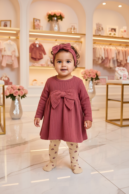 Baby Girls Jessica Simpson 3-Piece Set – Cable Knit Dress, Floral Tights & Bow Headband