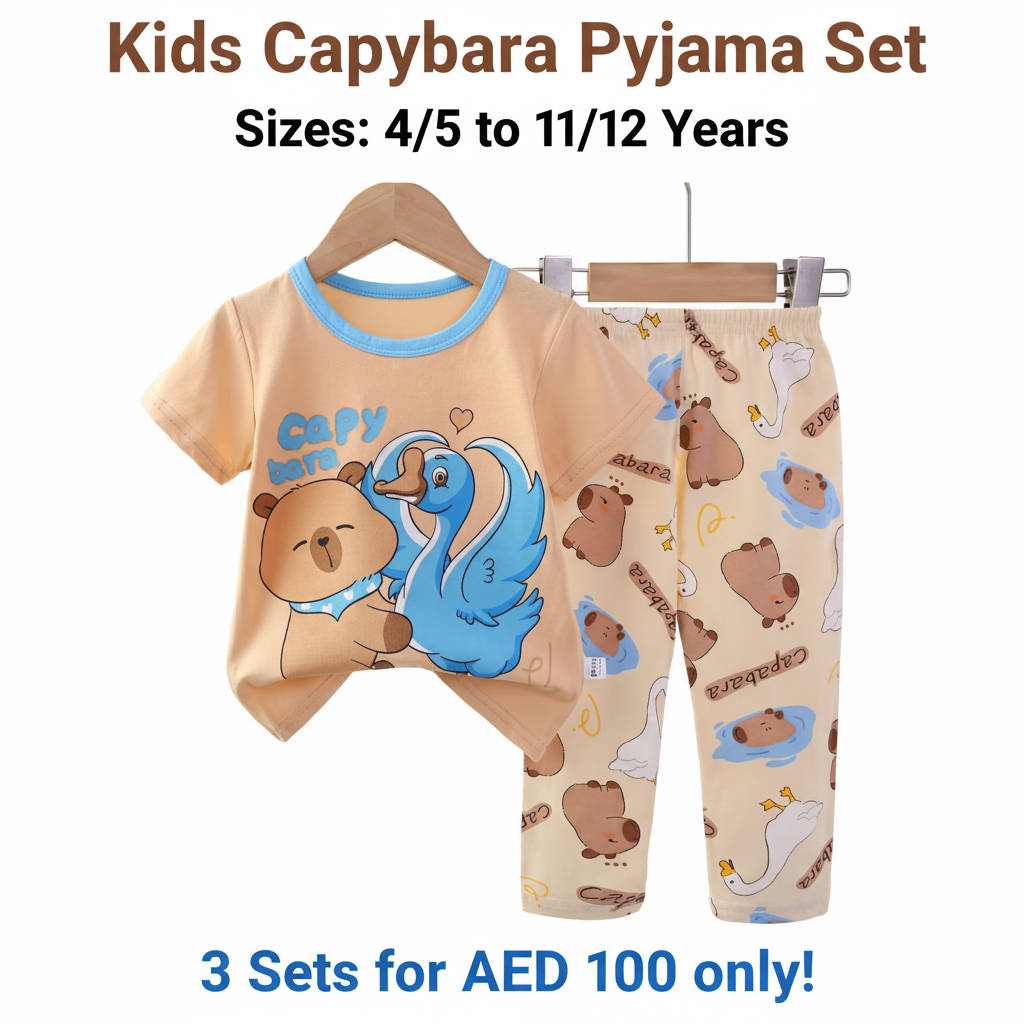 Kids Capybara Pyjama Set - Beige T-Shirt & Long Pants (Buy 3 for AED 100)