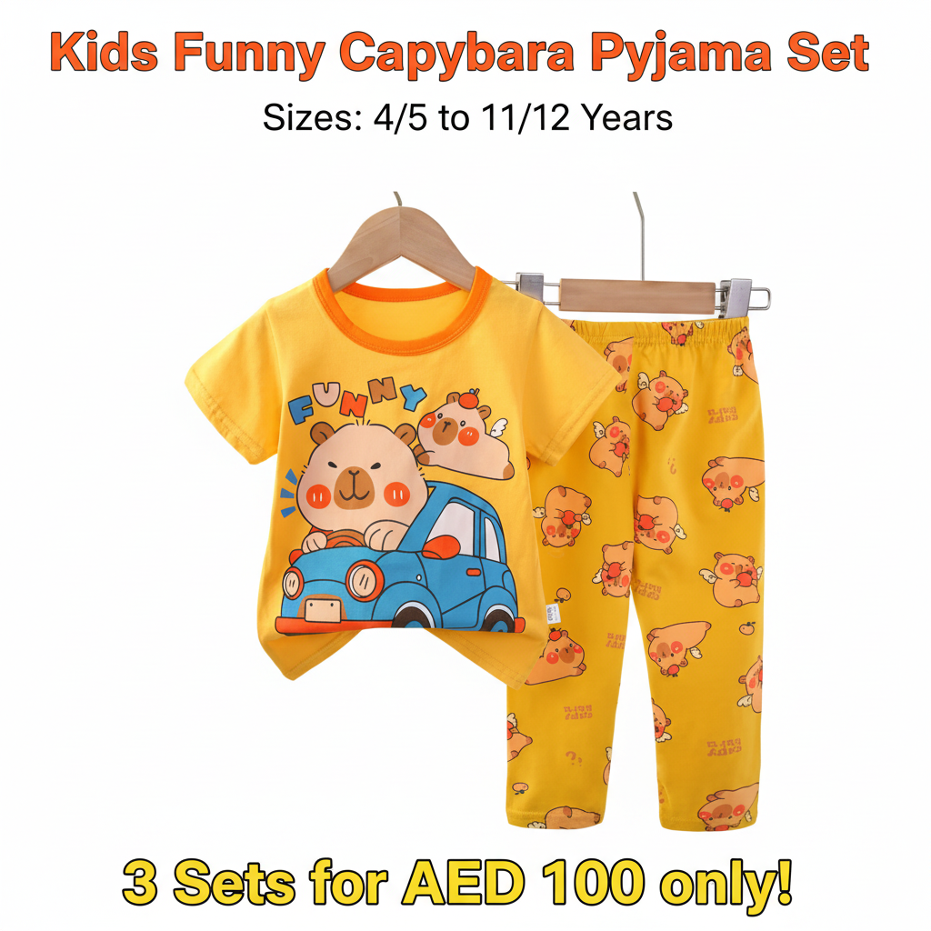 Kids Funny Capybara Car Pyjama Set - Yellow T-Shirt & Long Pants (Buy 3 for AED 100)