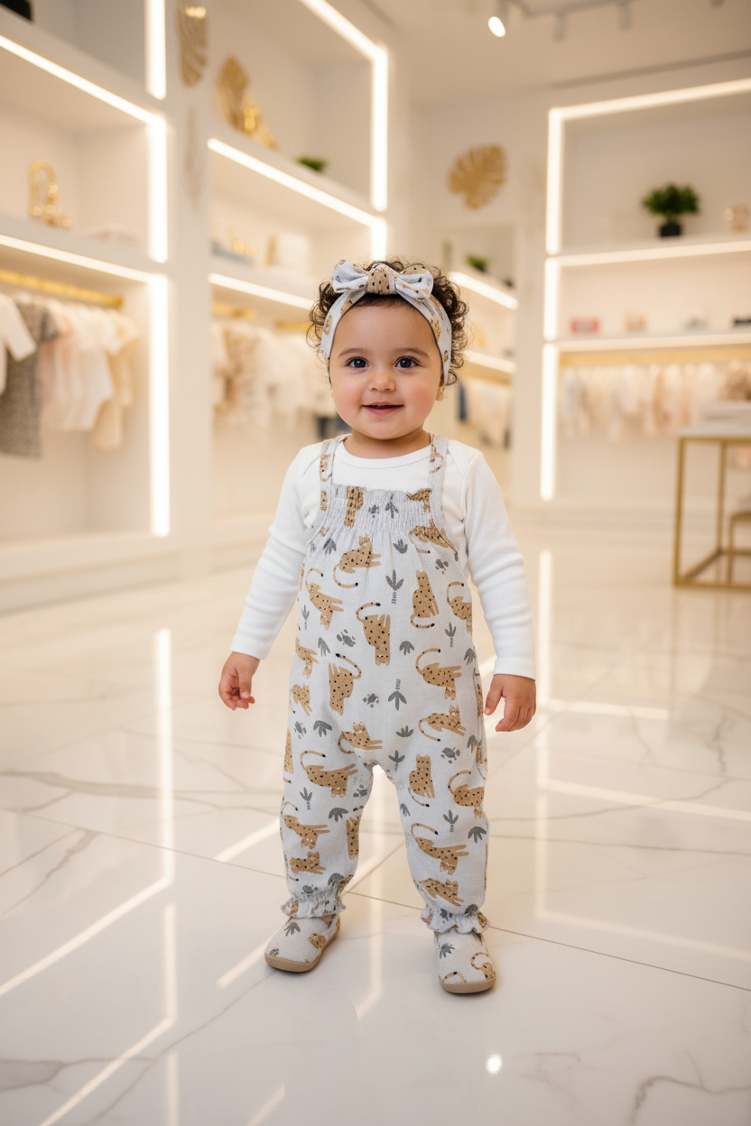 Baby Girls Rene Rofe 3-Piece Set – White Bodysuit, Leopard Print Dungaree Pants & Bow Headband