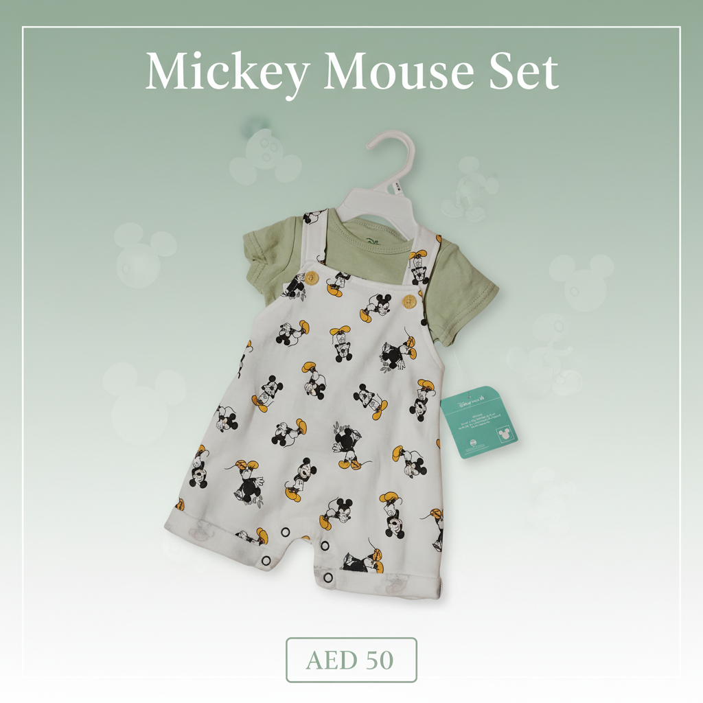 Mickey Mouse All-Over Print Baby Dungaree Set – Sage Green – Disney Baby Original