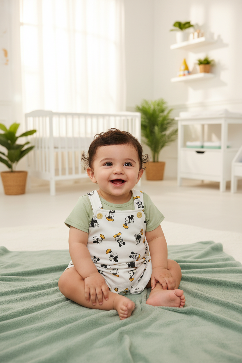 Mickey Mouse All-Over Print Baby Dungaree Set – Sage Green – Disney Baby Original