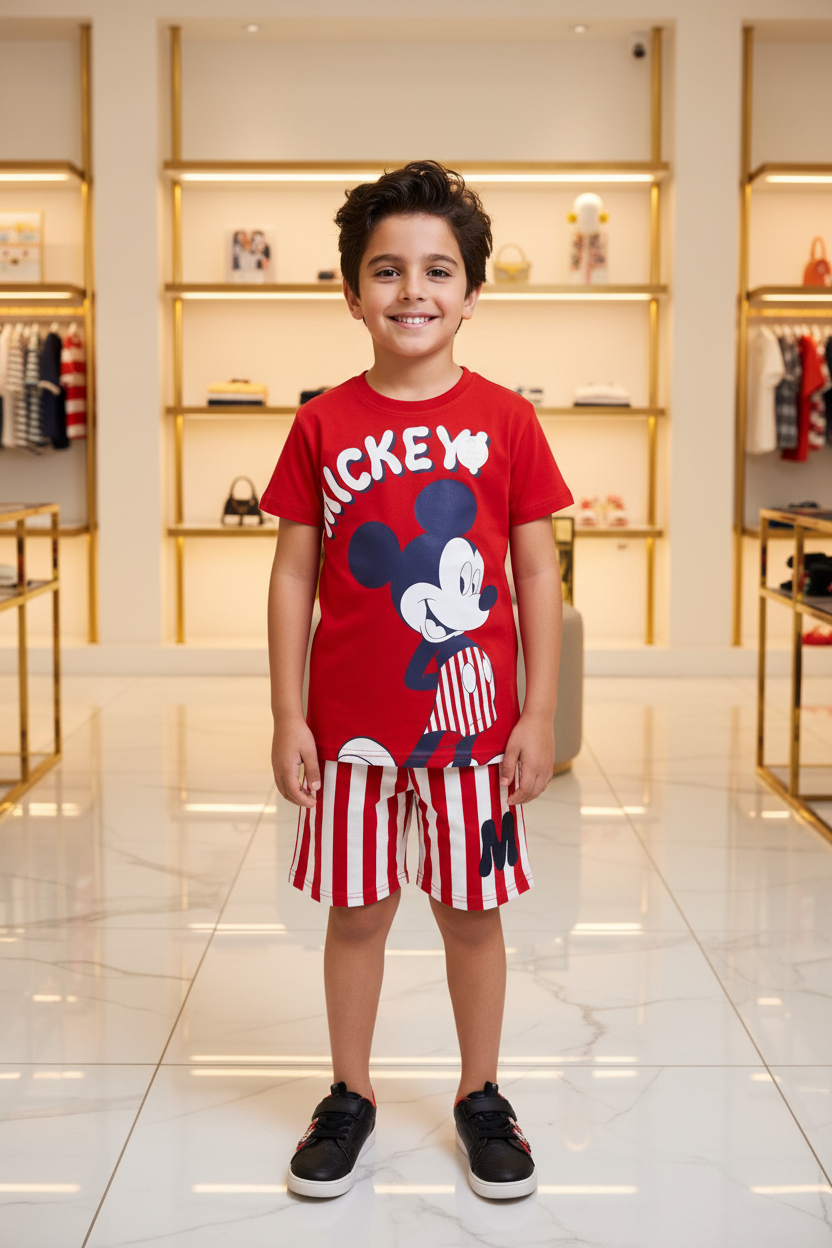 Boys Disney Mickey Mouse Graphic T-Shirt & Red Striped Shorts Set by Next