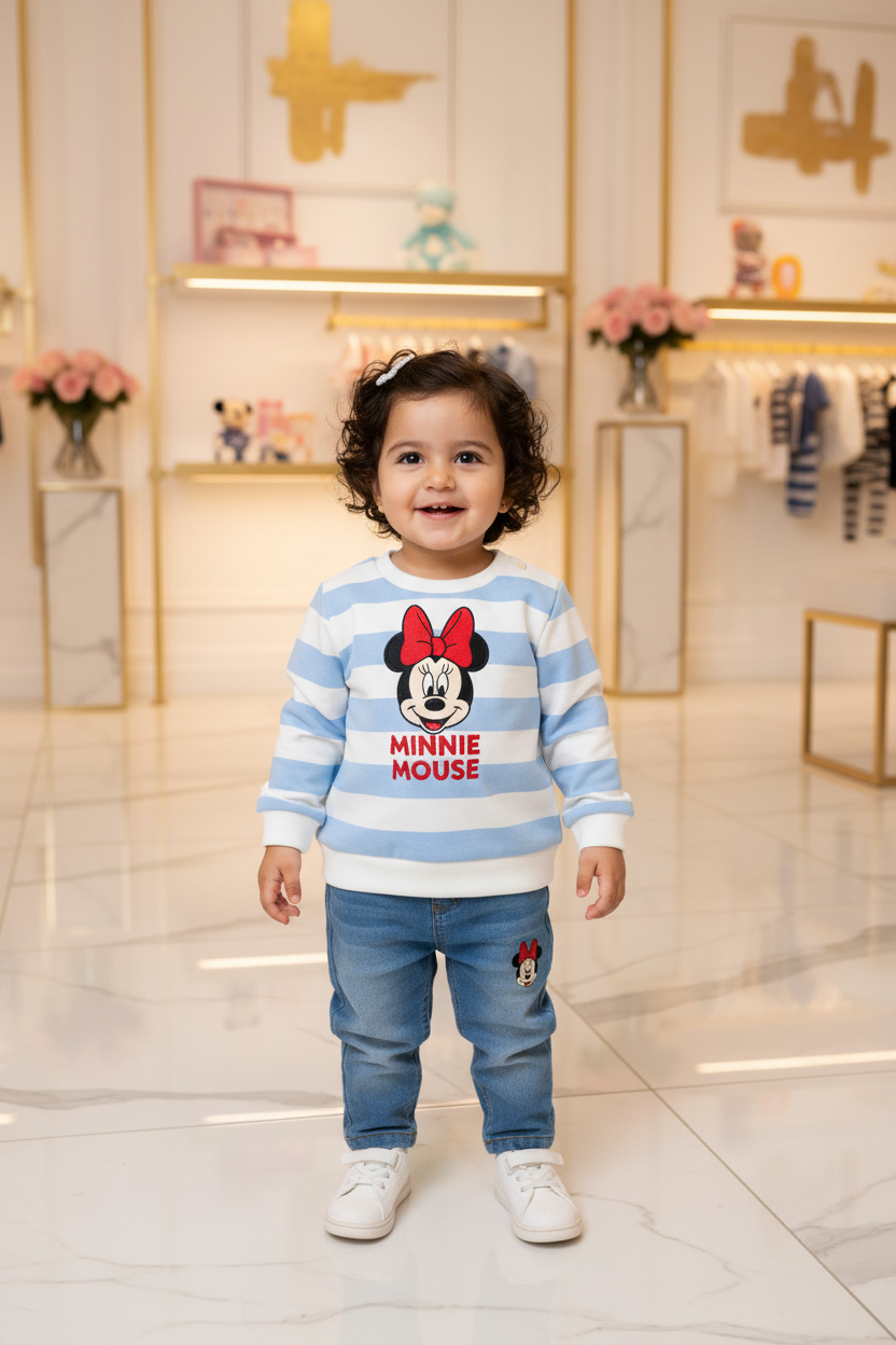 Baby Girls Disney Minnie Mouse Striped Sweatshirt & Denim Jogger Pants Set by Kiabi