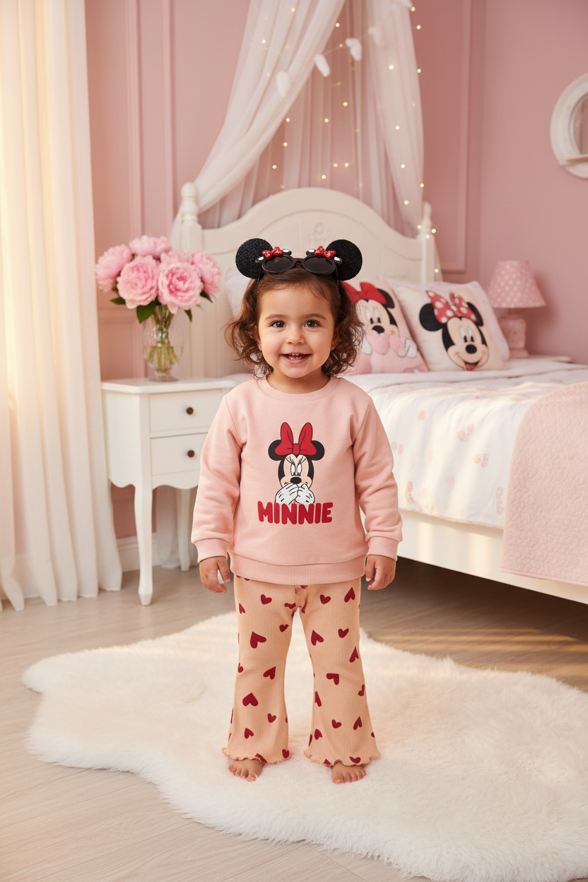 Girls Disney Minnie Mouse Sweatshirt, Heart Print Flare Pants & Minnie Ears Sunglasses Set by George