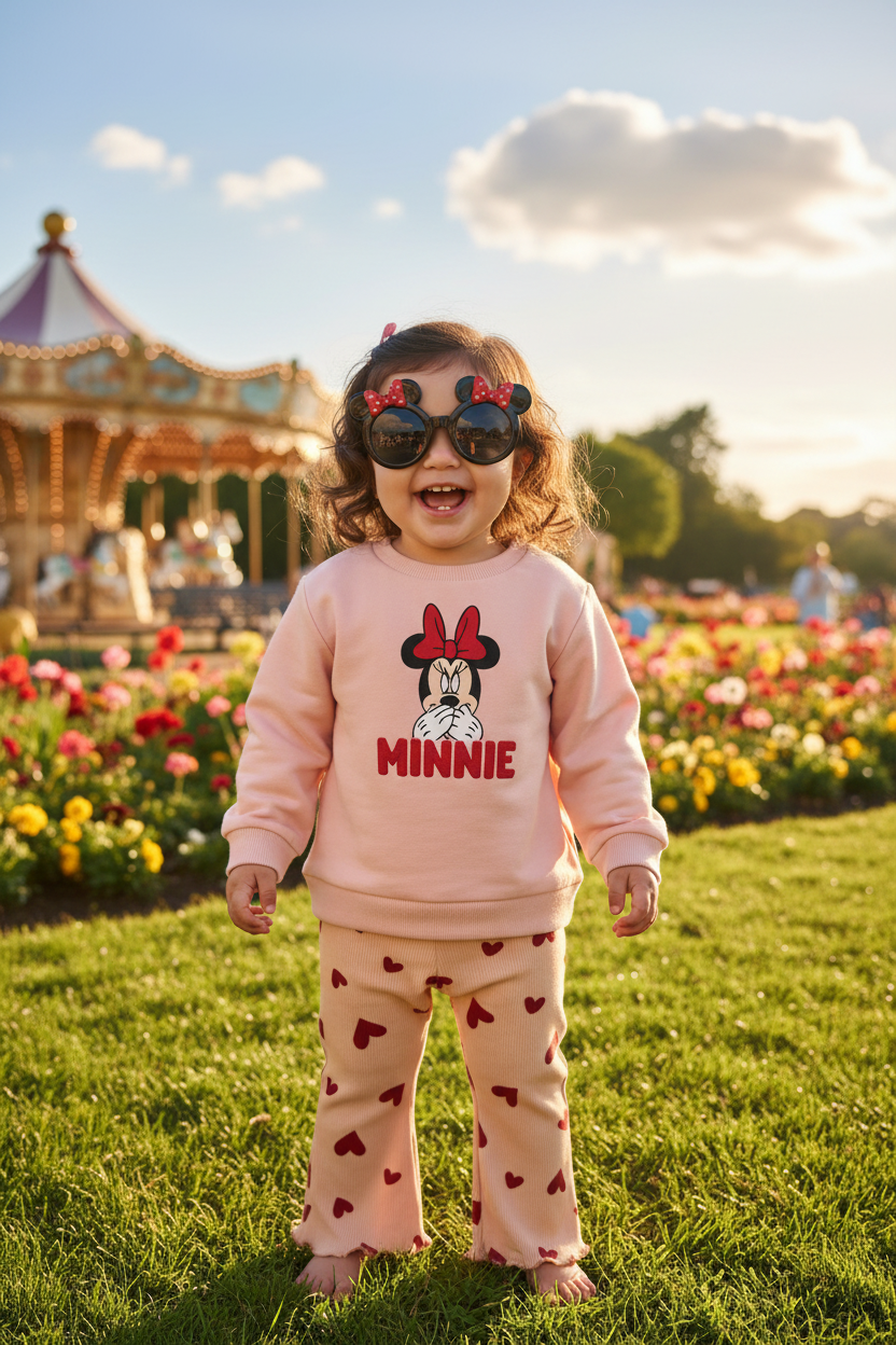 Girls Disney Minnie Mouse Sweatshirt, Heart Print Flare Pants & Minnie Ears Sunglasses Set by George
