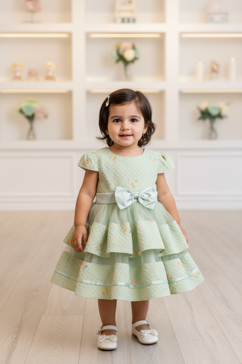 Baby Girls Mint Green Floral Embroidered Layered Party Dress with Bow