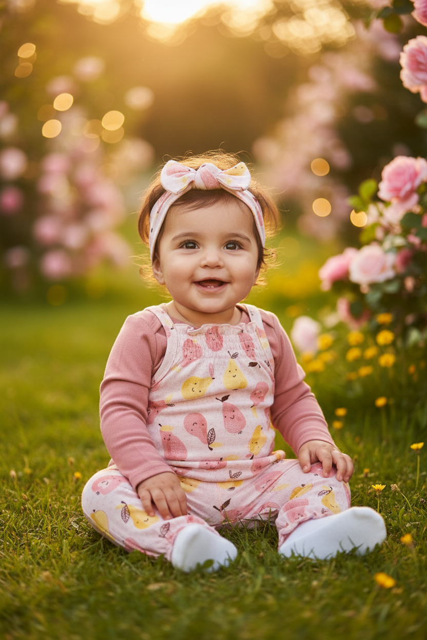 Baby Girls Rene Rofe 3-Piece Set – Bodysuit, Pear Print Dungaree Pants & Bow Headband