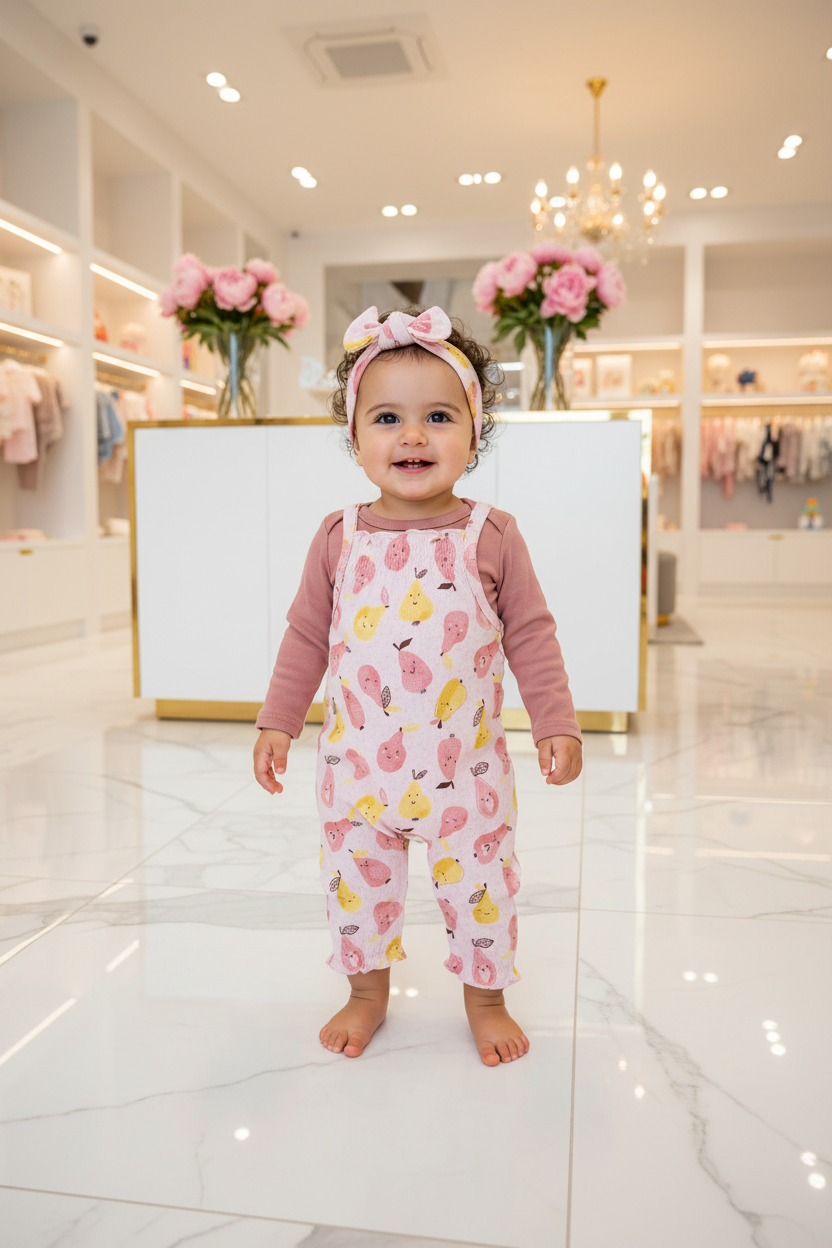 Baby Girls Rene Rofe 3-Piece Set – Bodysuit, Pear Print Dungaree Pants & Bow Headband