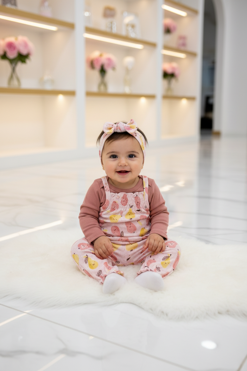 Baby Girls Rene Rofe 3-Piece Set – Bodysuit, Pear Print Dungaree Pants & Bow Headband