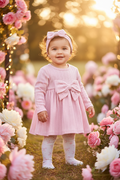Baby Girls Pink Textured Bow Dress with Headband & Bow Print Tights Set
