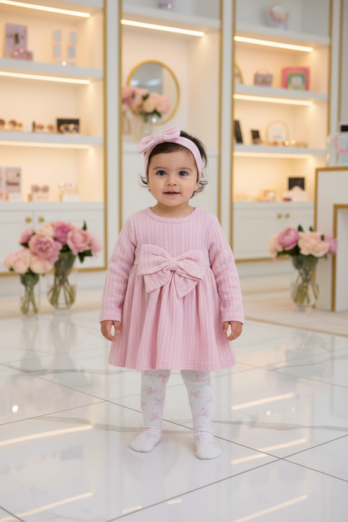 Baby Girls Pink Textured Bow Dress with Headband & Bow Print Tights Set