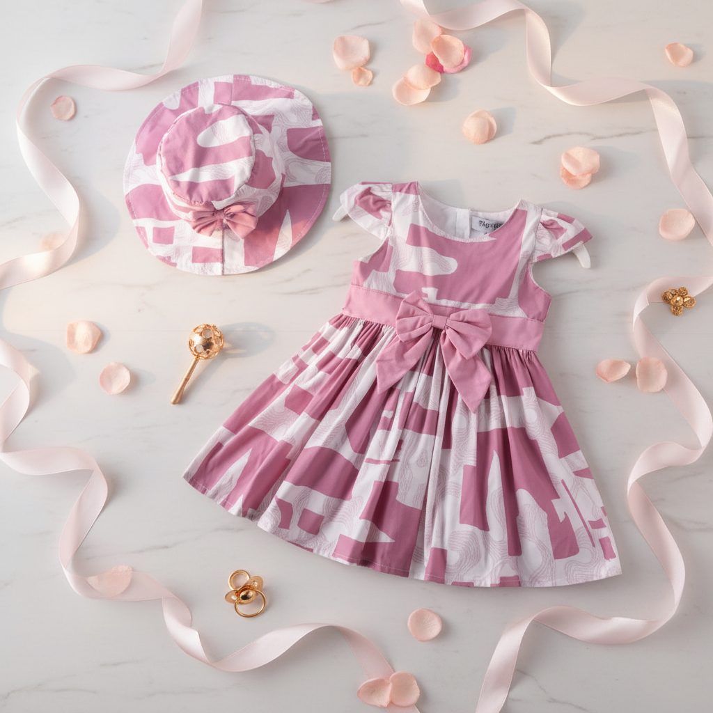 Pink Camo Print Baby Dress with Matching Hat – Bow Detail