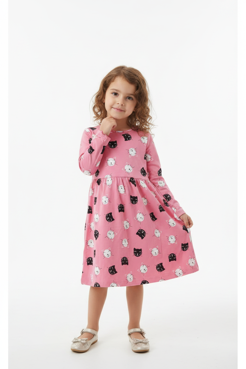 Pink Cat Face Print Girls Long Sleeve Dress