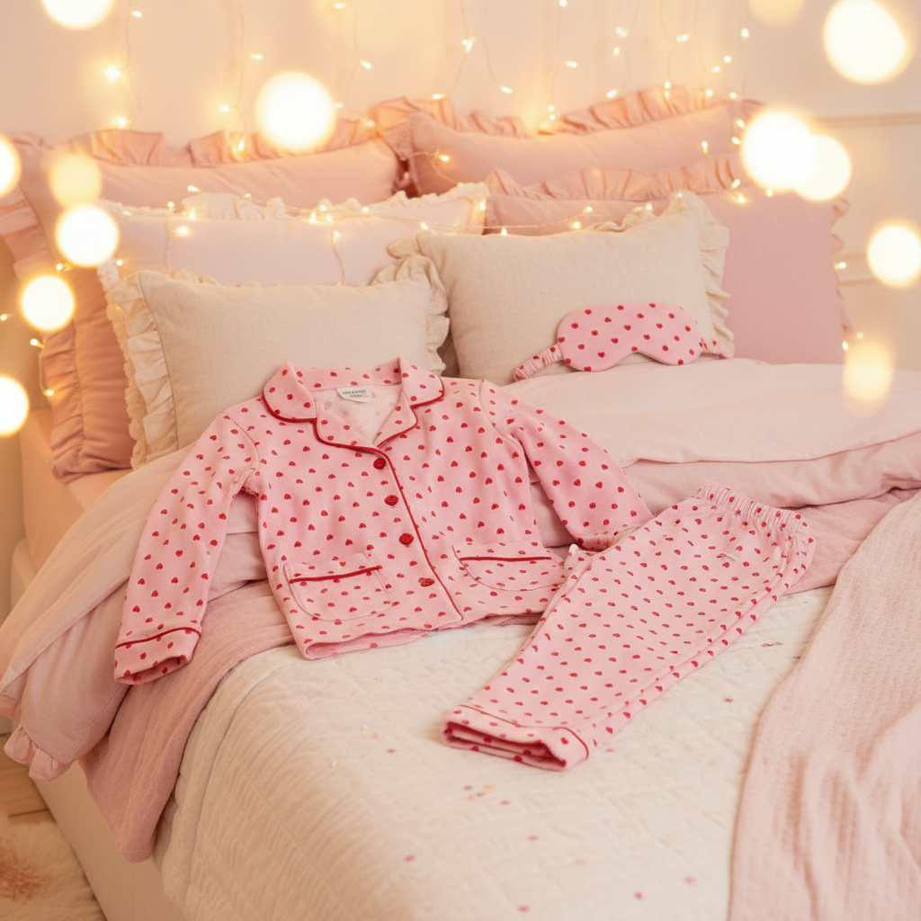Pink Hearts Girls Pyjama Set with Sleep Mask