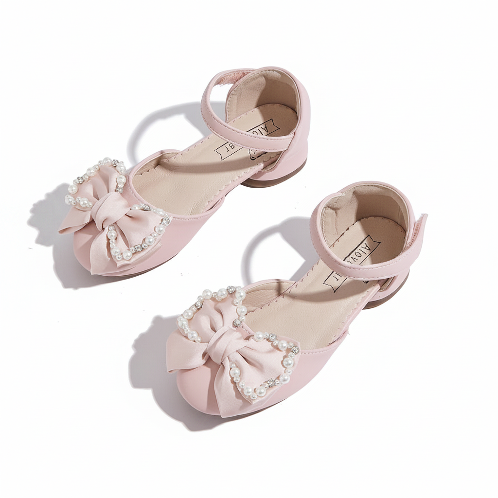 Pink Pearl & Crystal Bow Mary Jane Shoes for Girls by Aioybear
