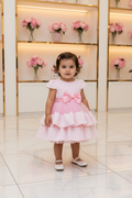 Baby Girls Pink Quilted Textured Layered Tulle Party Dress with Bow