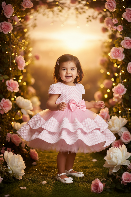 Baby Girls Pink Quilted Textured Layered Tulle Party Dress with Bow