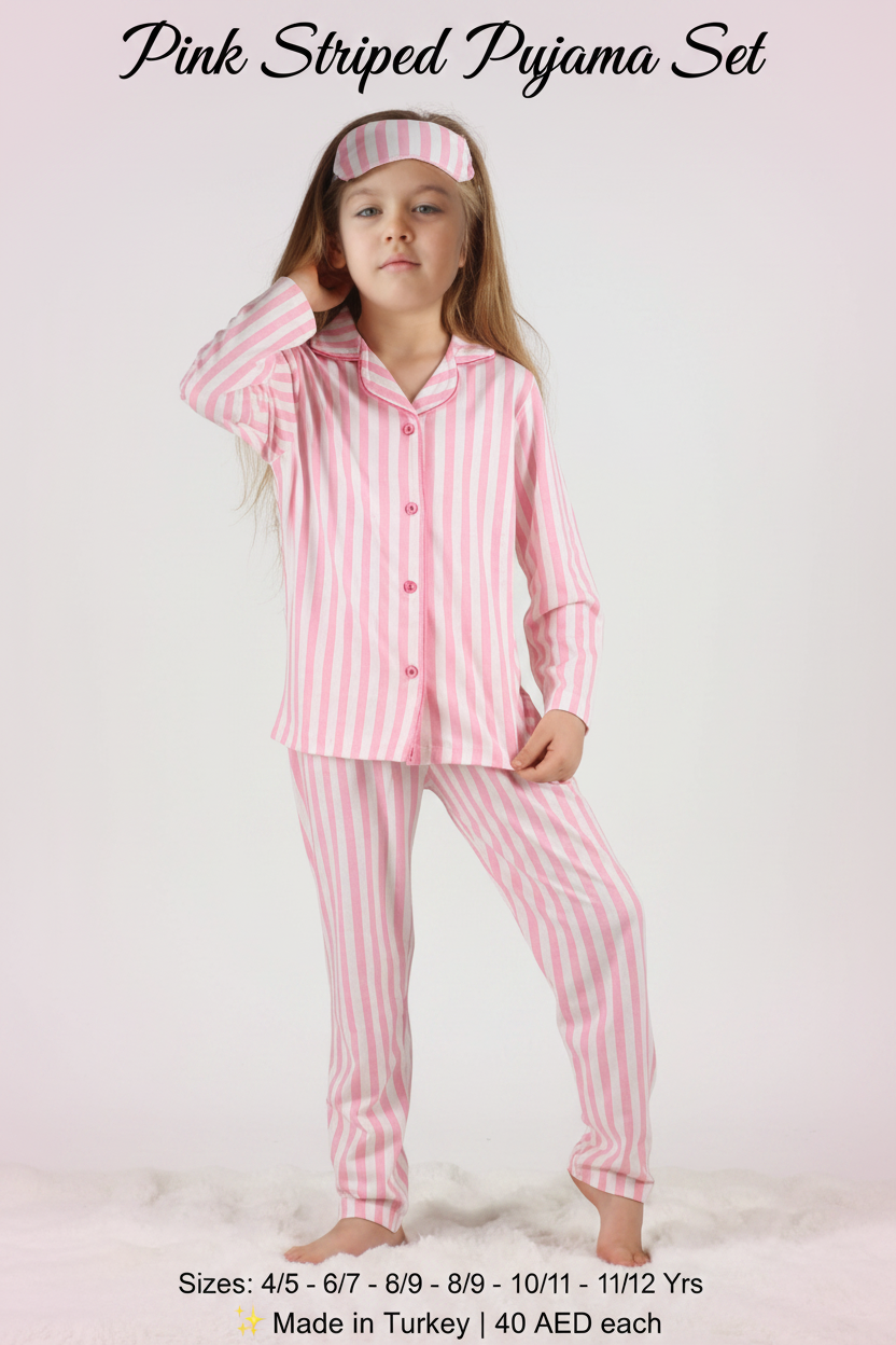 Pink Striped Girls Pyjama Set with Sleep Mask