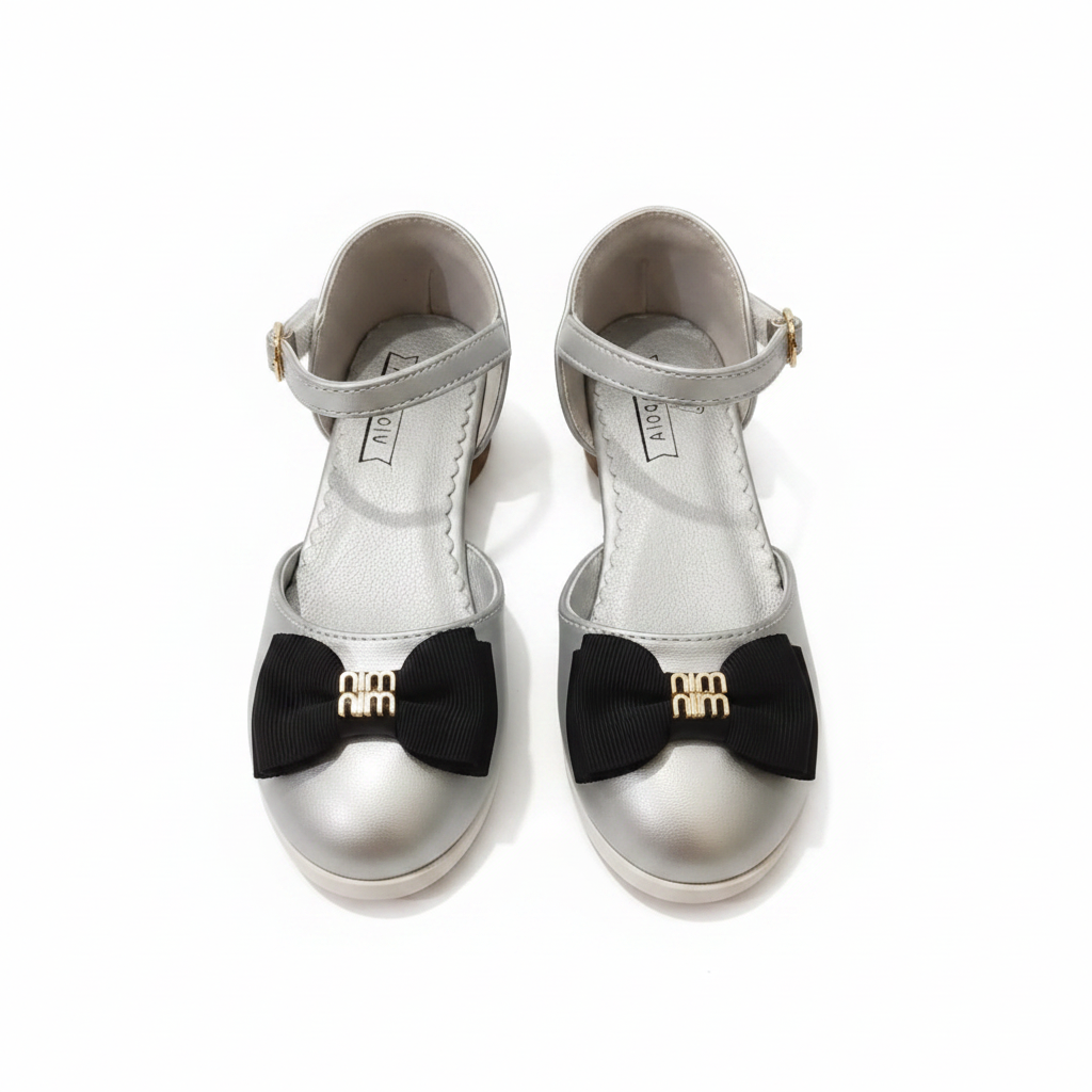 Silver Bow Mary Jane Shoes for Girls - Elegant Black Bow by Aioybr