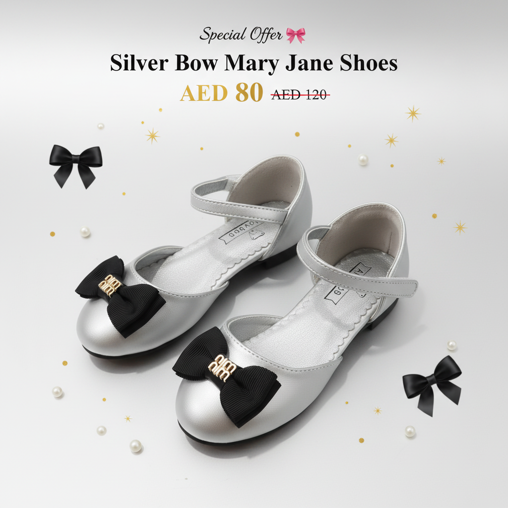 Silver Bow Mary Jane Shoes for Girls - Elegant Black Bow by Aioybr