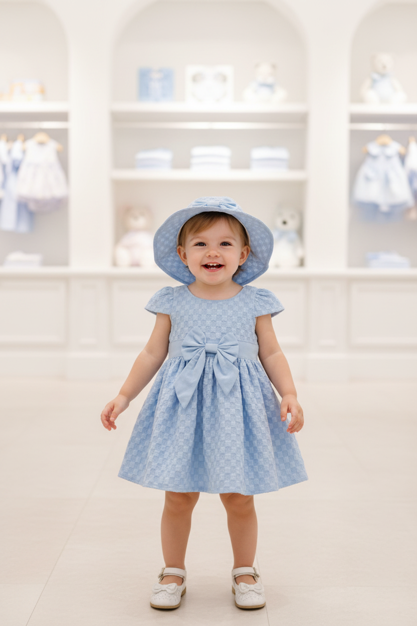 Sky Blue Textured Baby Dress with Matching Hat – Bow Detail