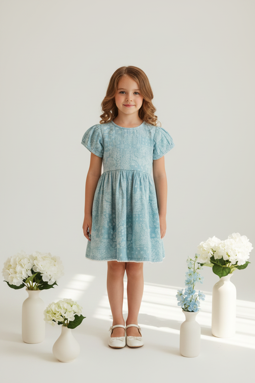 Sky Blue Paisley Print Girls Dress