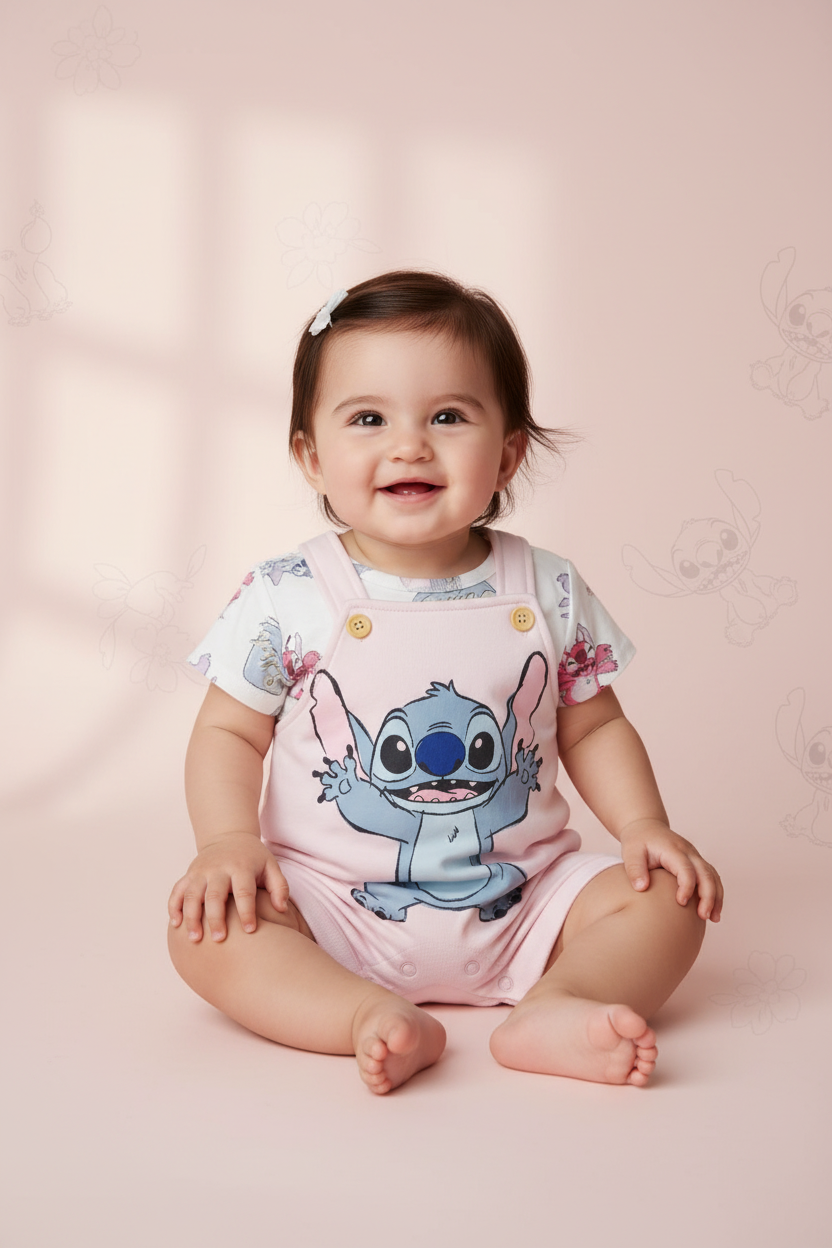 Stitch Light Pink Baby Dungaree Set – Disney Original