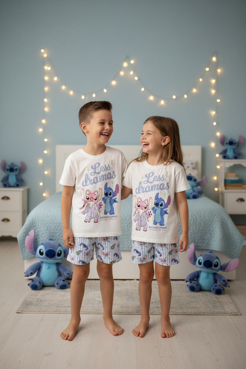 Kids Unisex Disney Stitch & Angel 'Less Dramas' Pyjama Set