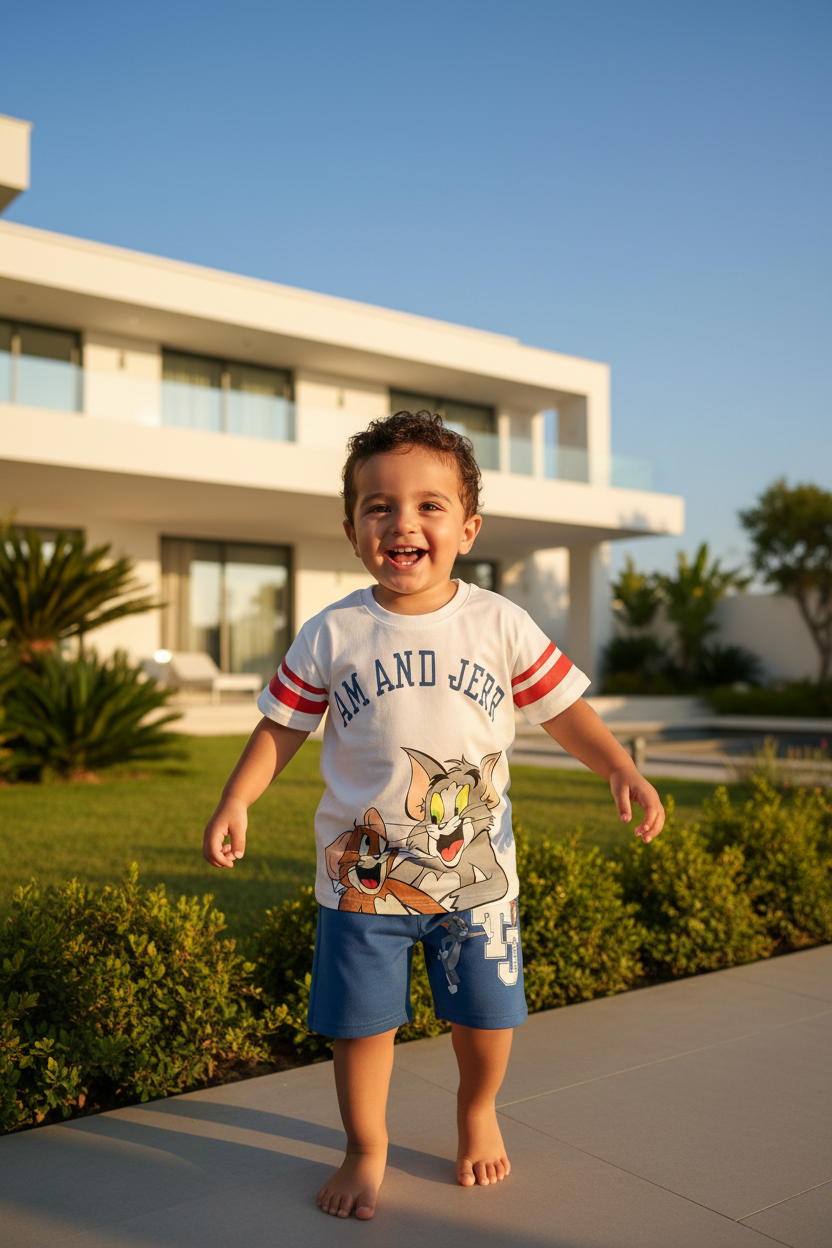 Boys Tom & Jerry Graphic T-Shirt & Blue Shorts Set