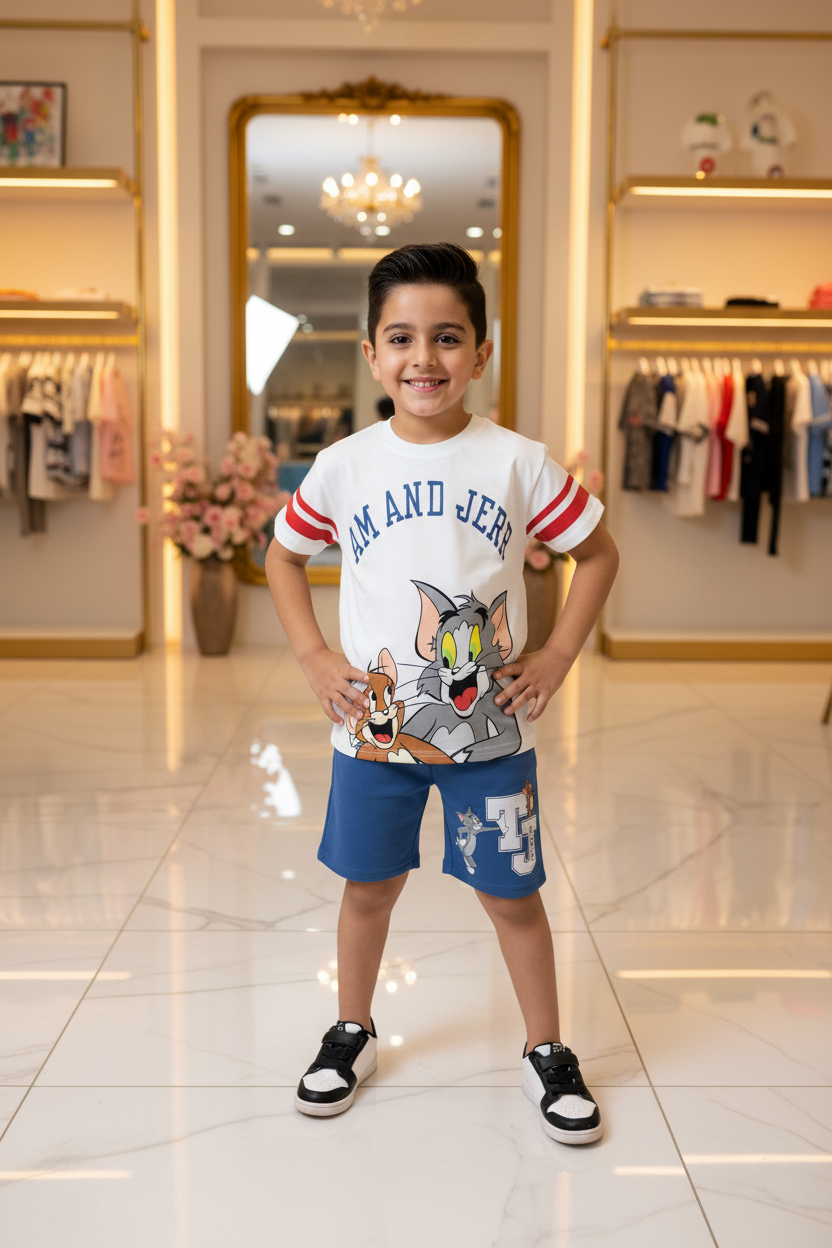 Boys Tom & Jerry Graphic T-Shirt & Blue Shorts Set