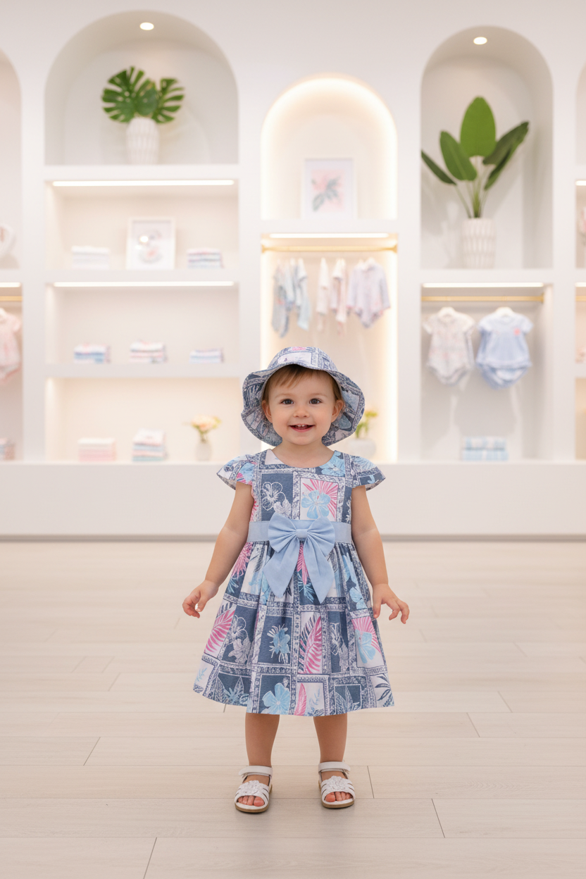 Tropical Patchwork Baby Dress with Matching Hat – Blue & Pink