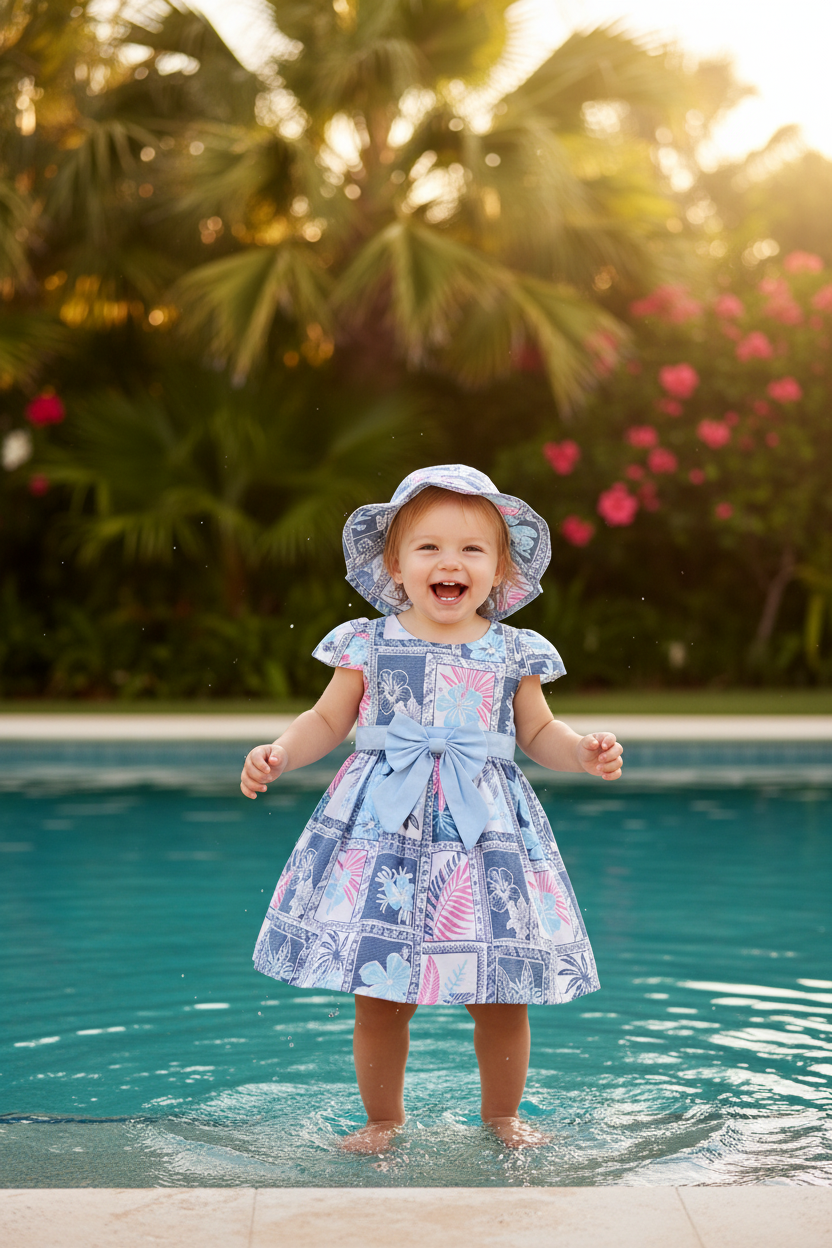 Tropical Patchwork Baby Dress with Matching Hat – Blue & Pink