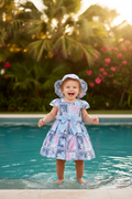 Tropical Patchwork Baby Dress with Matching Hat – Blue & Pink