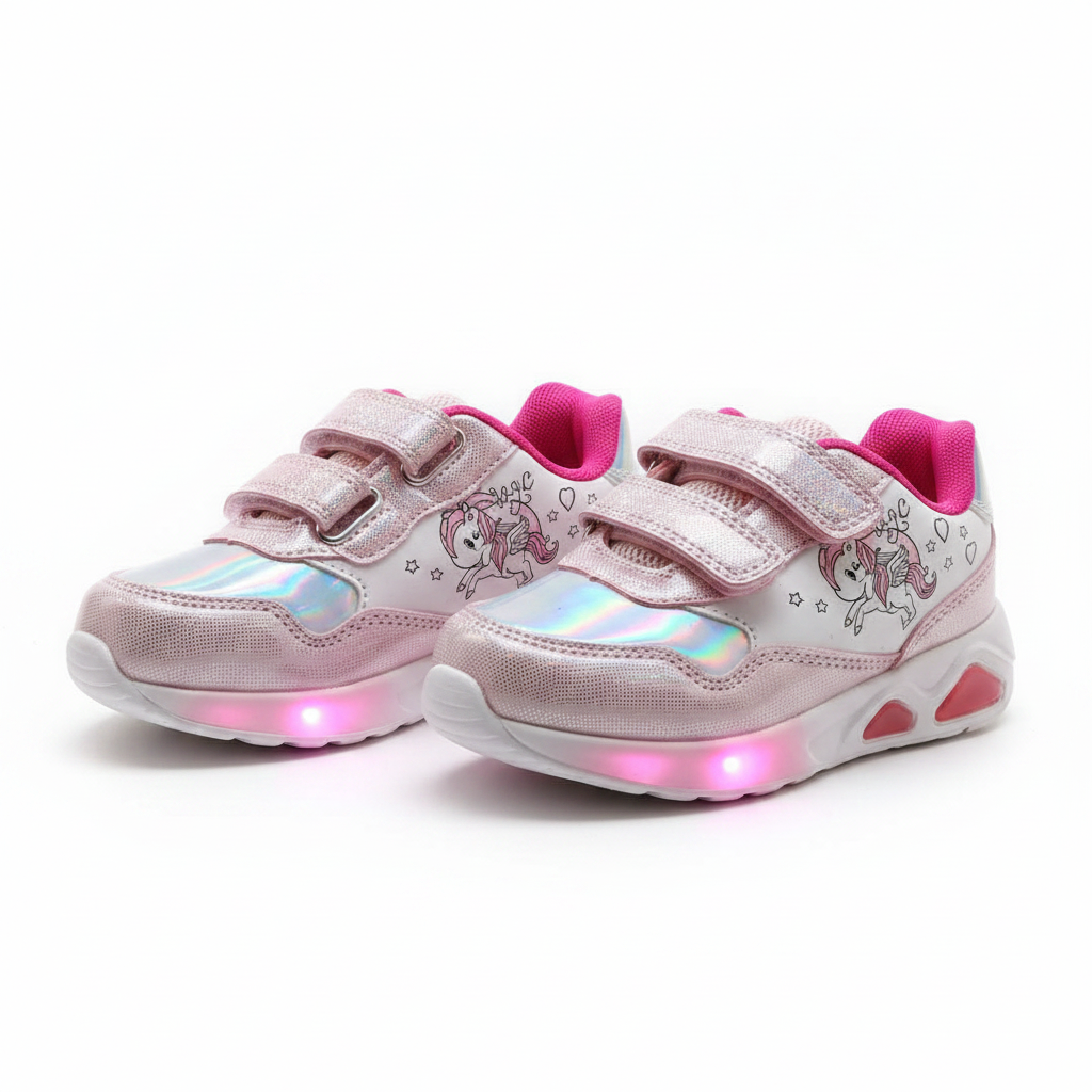 Unicorn Holographic Light-Up Sneakers for Girls - Pink & Rainbow