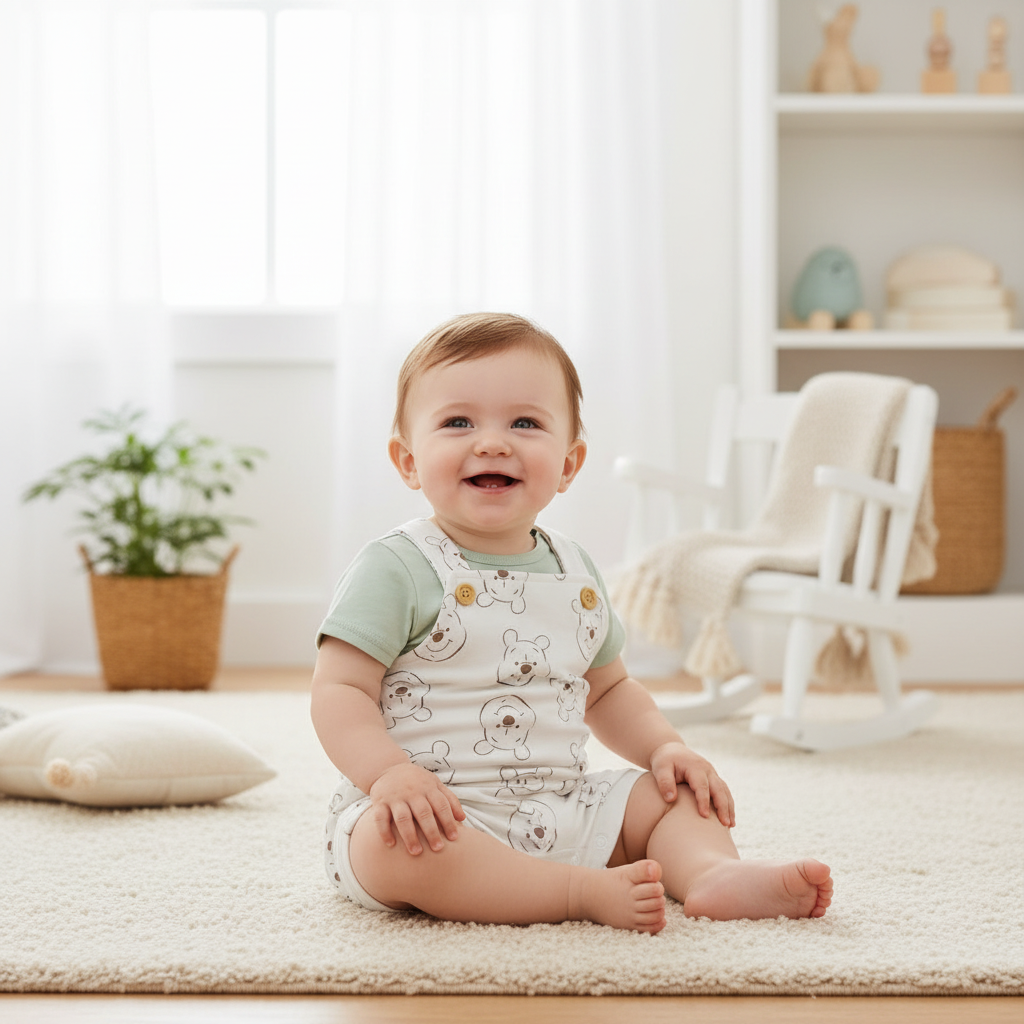 Winnie the Pooh Face All-Over Print Baby Dungaree Set – Sage Green – Disney Baby Original