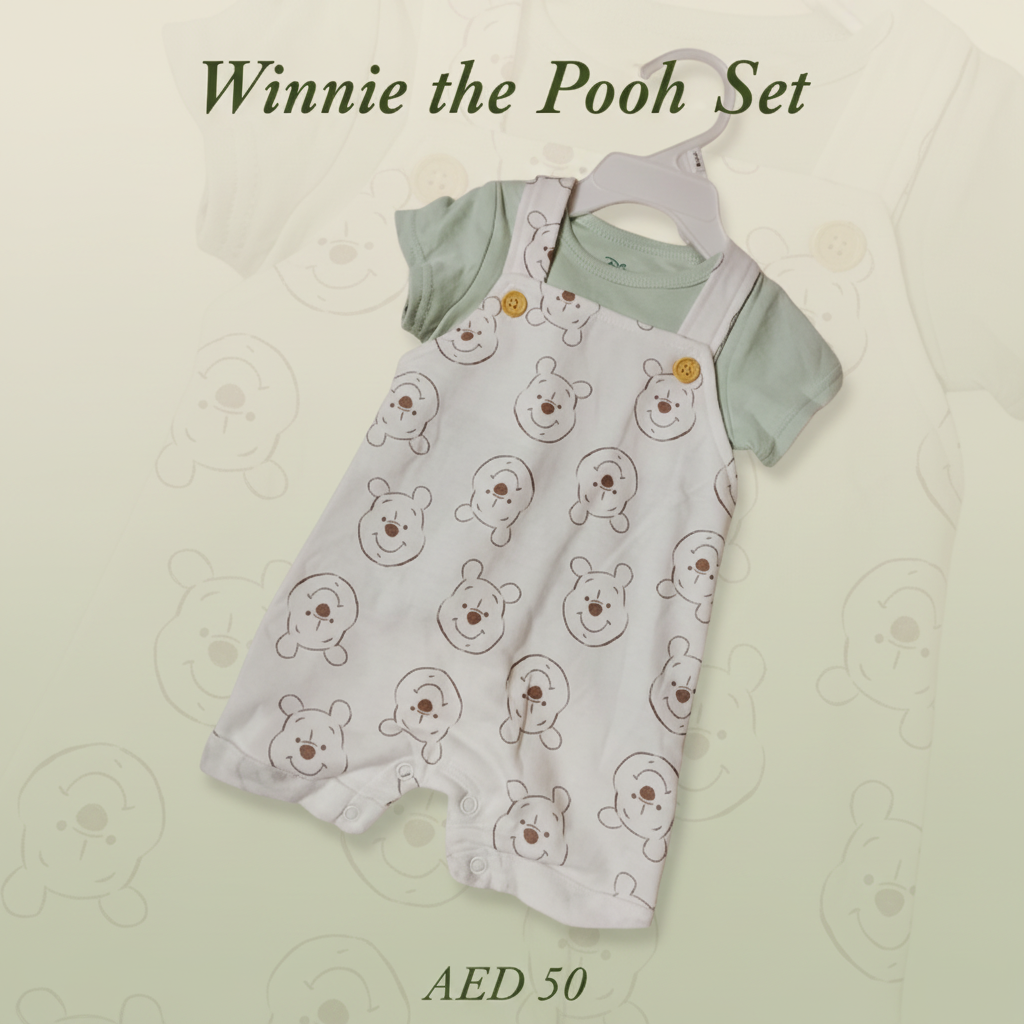 Winnie the Pooh Face All-Over Print Baby Dungaree Set – Sage Green – Disney Baby Original