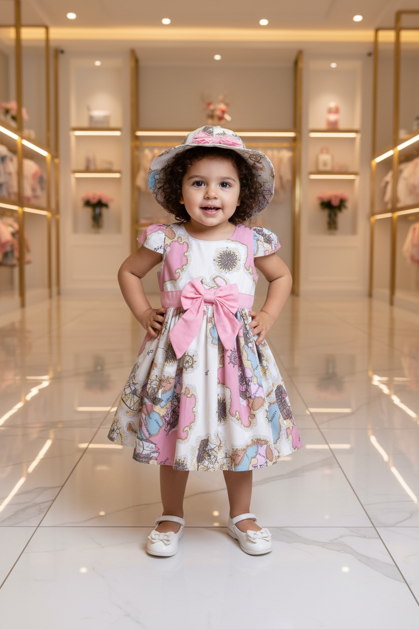 Baby Girls World Map Print Dress & Matching Sun Hat Set with Pink Bow
