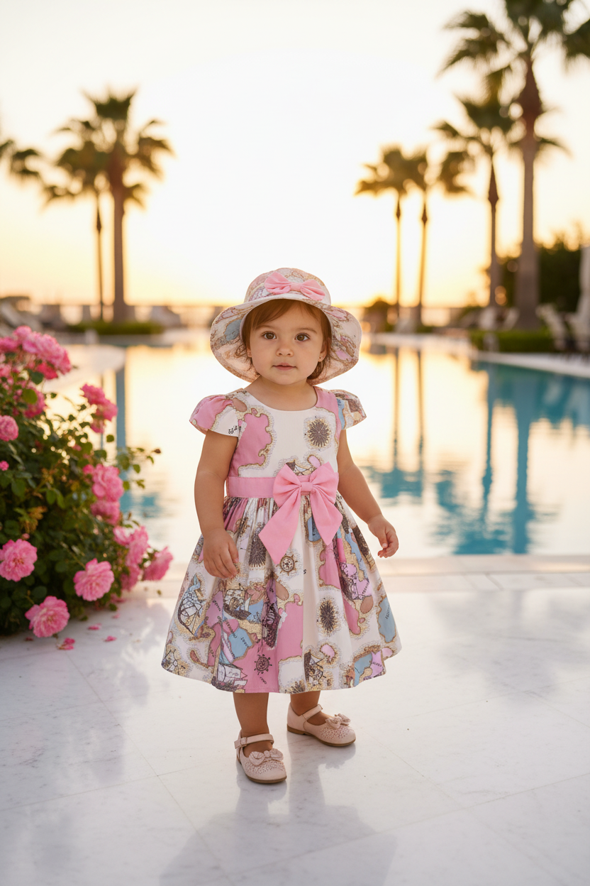 Baby Girls World Map Print Dress & Matching Sun Hat Set with Pink Bow