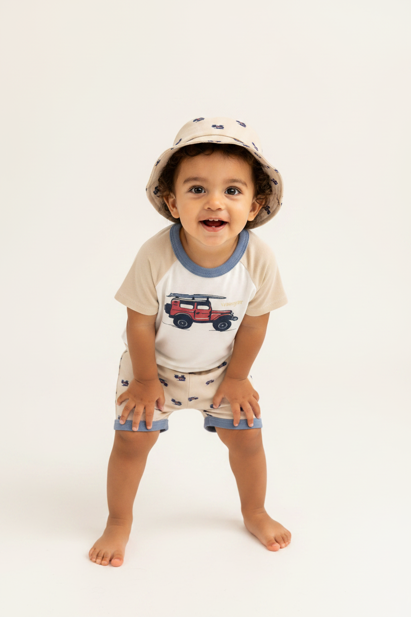Baby Boys Wrangler 3-Piece Set – Surf Jeep Bodysuit, Shorts & Bucket Hat